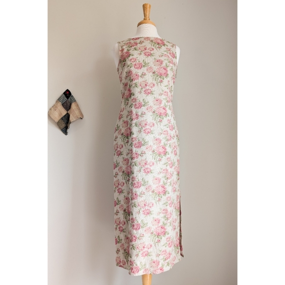 90s Oat Rose Linen Blend 1990s Vintage Romantic Cottagecore Side Slit Midi Dress - Picture 15 of 16